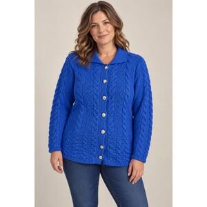 Aran Crafts Irish Knit Cardigan Sweater Womens L Blue Merino Wool Cable Knit